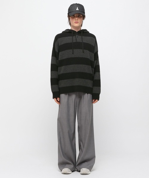 LAND MUSEUM(ランドミュージアム)の「LAND MUSEUM/ボーダーニットフーディー(ニット/セーター・メンズ・グレー/グリーン・FREE)」の3枚目の写真