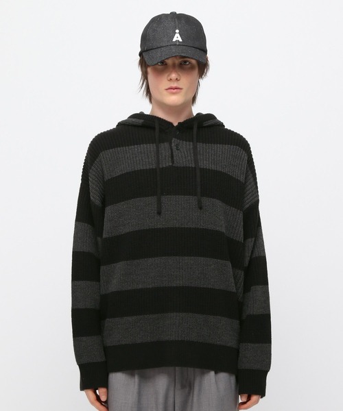 LAND MUSEUM(ランドミュージアム)の「LAND MUSEUM/ボーダーニットフーディー(ニット/セーター・メンズ・グレー/グリーン・FREE)」の4枚目の写真