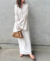 shirring sleeve long one piece /リボン付き シャーリングスリーブ ロングワンピース