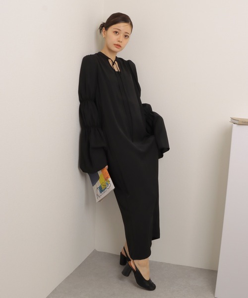 ローレン　ワンピース rib knit waist ribbon long dress /リブ ニット ウエストリボン