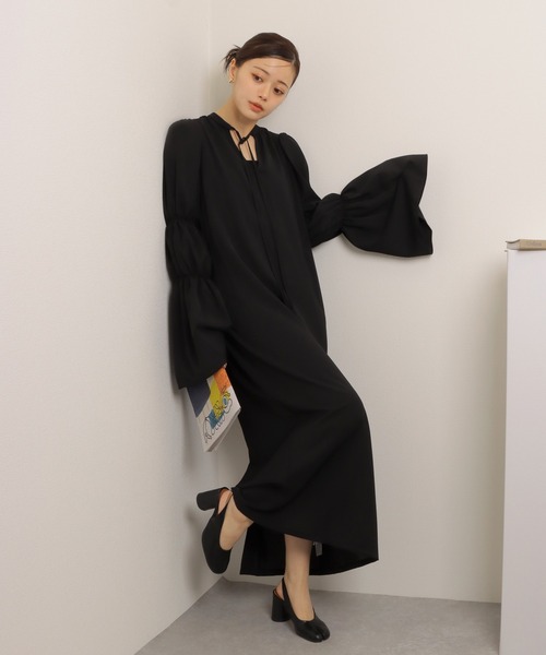 ローレン　ワンピース shirring sleeve long one piece /リボン付き シャーリング