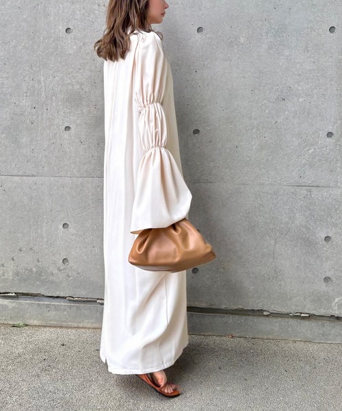 shirring sleeve long one piece /リボン付き シャーリング