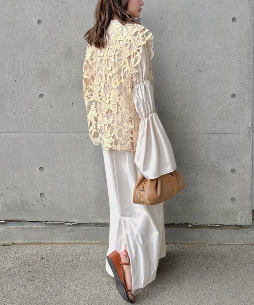 ローレン　ワンピース shirring sleeve long one piece /リボン付き シャーリング