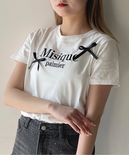 one way（ワンウェイ）の「ラメロゴ刺繍リボンTシャツ（Tシャツ/カットソー・レディース・ホワイト×ピンク/ホワイト×ブラック/ピンク/ネイビー・FREE）」の2枚目の写真