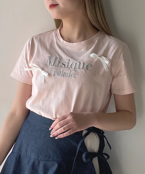 one way（ワンウェイ）の「ラメロゴ刺繍リボンTシャツ（Tシャツ/カットソー・レディース・ホワイト×ピンク/ホワイト×ブラック/ピンク/ネイビー・FREE）」の4枚目の写真