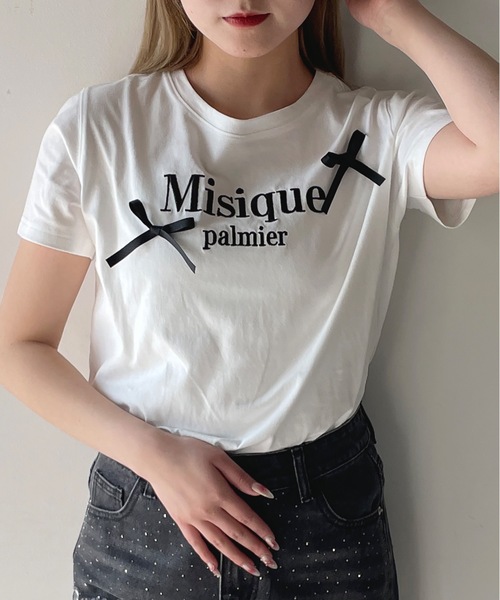 one way（ワンウェイ）の「ラメロゴ刺繍リボンTシャツ（Tシャツ/カットソー・レディース・ホワイト×ピンク/ホワイト×ブラック/ピンク/ネイビー・FREE）」の5枚目の写真