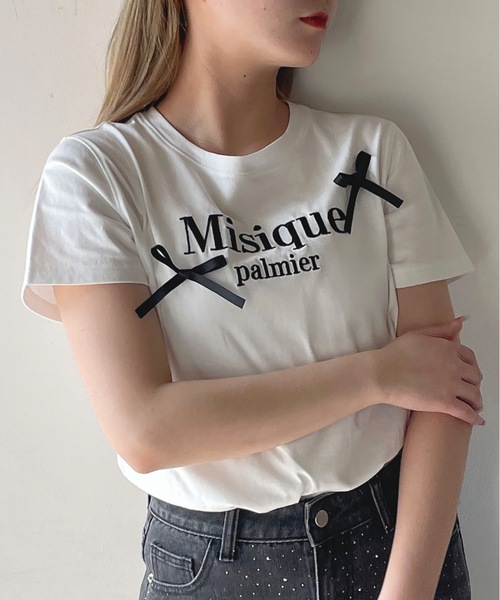one way（ワンウェイ）の「ラメロゴ刺繍リボンTシャツ（Tシャツ/カットソー・レディース・ホワイト×ピンク/ホワイト×ブラック/ピンク/ネイビー・FREE）」の6枚目の写真