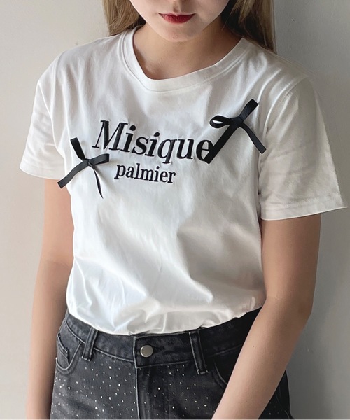 one way（ワンウェイ）の「ラメロゴ刺繍リボンTシャツ（Tシャツ/カットソー・レディース・ホワイト×ピンク/ホワイト×ブラック/ピンク/ネイビー・FREE）」の7枚目の写真