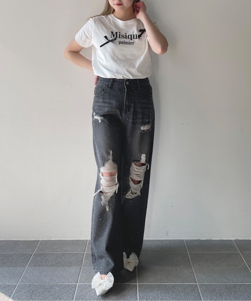 one way（ワンウェイ）の「ラメロゴ刺繍リボンTシャツ（Tシャツ/カットソー・レディース・ホワイト×ピンク/ホワイト×ブラック/ピンク/ネイビー・FREE）」の8枚目の写真