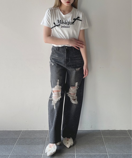 one way（ワンウェイ）の「ラメロゴ刺繍リボンTシャツ（Tシャツ/カットソー・レディース・ホワイト×ピンク/ホワイト×ブラック/ピンク/ネイビー・FREE）」の9枚目の写真