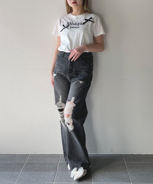 one way（ワンウェイ）の「ラメロゴ刺繍リボンTシャツ（Tシャツ/カットソー・レディース・ホワイト×ピンク/ホワイト×ブラック/ピンク/ネイビー・FREE）」の10枚目の写真