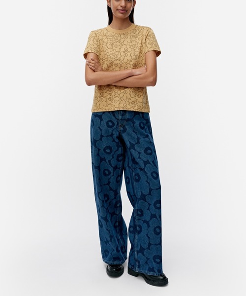 マリメッコ　花柄 ベージュ Tシャツ 半袖 中古・古着通販】marimekko (マリメッコ) 花柄Tシャツ ホワイト