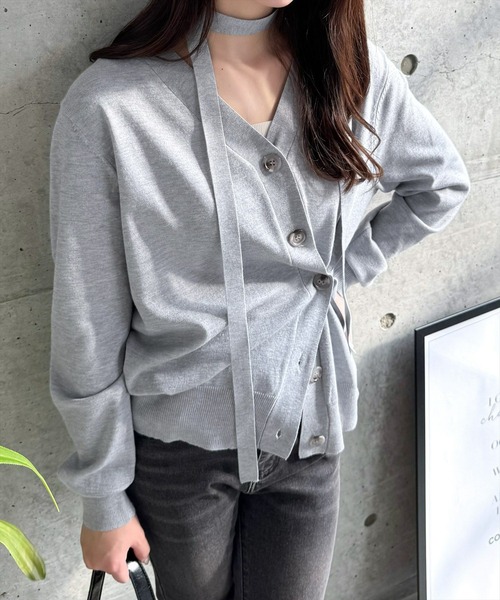 clear（クリア）の「チョーカー付きアシンメトリーニットカーディガン [羽織り カジュアル 大人]（カーディガン/ボレロ・レディース・ブラック/グレー/アイボリー・F）」の3枚目の写真