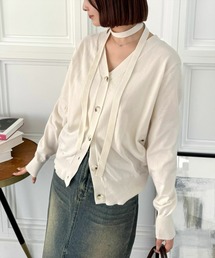 clear | チョーカー付きアシンメトリーニットカーディガン [羽織り カジュアル 大人](カーディガン/ボレロ)