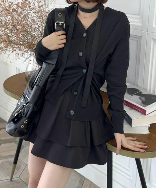 clear（クリア）の「チョーカー付きアシンメトリーニットカーディガン [羽織り カジュアル 大人]（カーディガン/ボレロ・レディース・ブラック/グレー/アイボリー・F）」の2枚目の写真