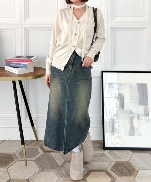 clear（クリア）の「チョーカー付きアシンメトリーニットカーディガン [羽織り カジュアル 大人]（カーディガン/ボレロ・レディース・ブラック/グレー/アイボリー・F）」の5枚目の写真