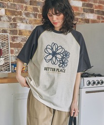 配色ステッチ×フラワー/メッセージ プリント ラグラン 半袖Tシャツ