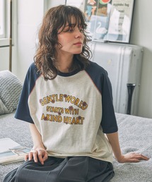 配色ステッチ×フラワー/メッセージ プリント ラグラン 半袖Tシャツ