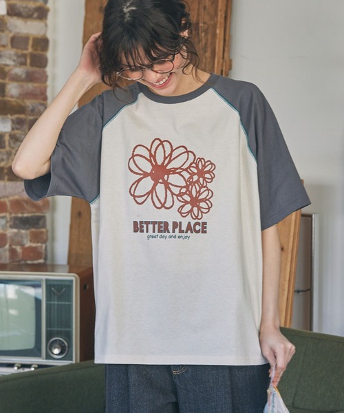 配色ステッチ×フラワー/メッセージ プリント ラグラン 半袖Tシャツ
