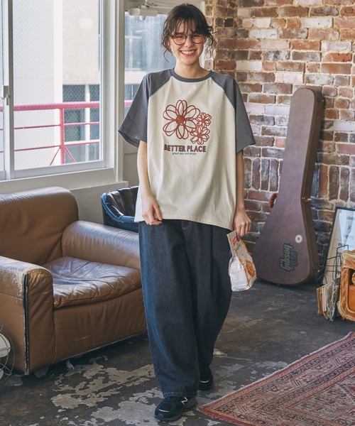 配色ステッチ×フラワー/メッセージ プリント ラグラン 半袖Tシャツ