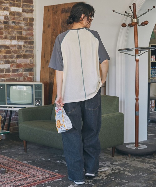 配色ステッチ×フラワー/メッセージ プリント ラグラン 半袖Tシャツ