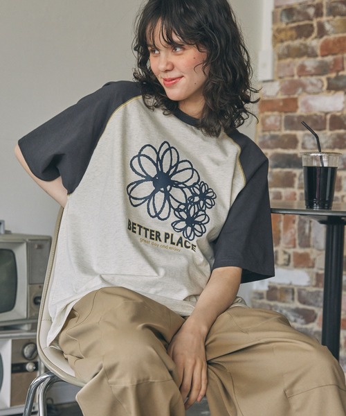 配色ステッチ×フラワー/メッセージ プリント ラグラン 半袖Tシャツ