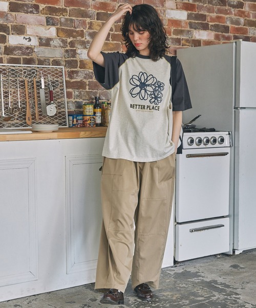 Matin Kim フラワーステッチラグランロゴ　Tシャツ ブラック　Sサイズ Matin Kim フラワーステッチラグランロゴ Tシャツ ブラック S