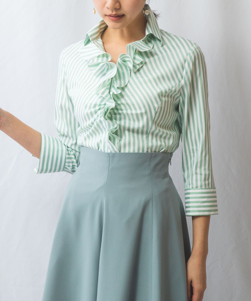 美品◇ナラカミーチェ 定2.5万 ストレッチストライプフリルリボン ブラウス 2 セール】【NARACAMICIE】ストレッチストライプフリル七分袖