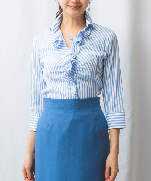 NARACAMICIE（ナラカミーチェ）の「【NARACAMICIE】ストレッチストライプフリル七分袖シャツ（シャツ/ブラウス・レディース・グリーン/ピンク/ブルー/サーモンピンク・L/M/S/XL）」の18枚目の写真