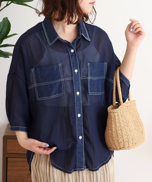 ブラウス シャツ je crois soi レース＆デニム　シャツ レディース FUNALIVE ブラウス シャツ je crois soi 刺繍グラデーション