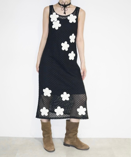 musubore（ムスボレ）の「2way flower wappen mesh OP / フラワーワッペンワンピース（ワンピース・レディース・ブラック・FREE）」の5枚目の写真