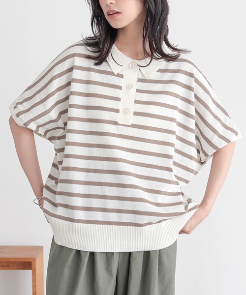 n'OrLABEL（ノアールレーベル）の「『半袖ドルマンポロニット』（ポロシャツ・レディース・テラコッタ/ネイビー/ベージュ/ブラック・2/1）」の7枚目の写真