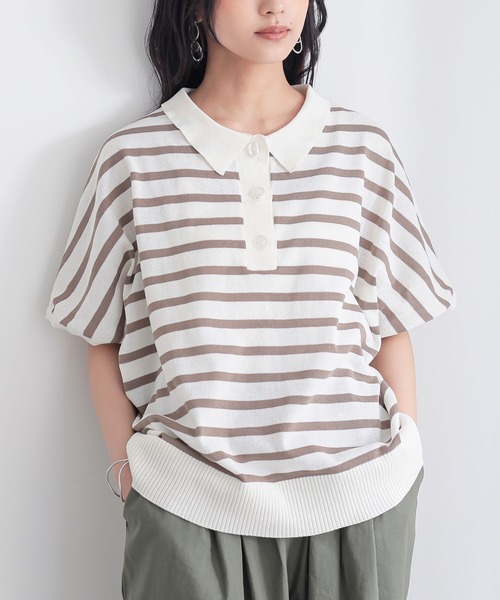 n'OrLABEL（ノアールレーベル）の「『半袖ドルマンポロニット』（ポロシャツ・レディース・テラコッタ/ネイビー/ベージュ/ブラック・2/1）」の6枚目の写真