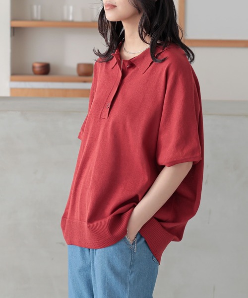 n'OrLABEL（ノアールレーベル）の「『半袖ドルマンポロニット』（ポロシャツ・レディース・テラコッタ/ネイビー/ベージュ/ブラック・2/1）」の13枚目の写真