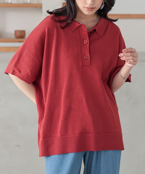 n'OrLABEL（ノアールレーベル）の「『半袖ドルマンポロニット』（ポロシャツ・レディース・テラコッタ/ネイビー/ベージュ/ブラック・2/1）」の14枚目の写真