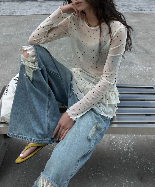 MEMECLE(メメクル)の「【 MEMECLE / メメクル 】シースルースキン ドットフリルトップス(Tシャツ/カットソー・レディース・ホワイト/ライトイエロー/ブラック・FREE)」の12枚目の写真