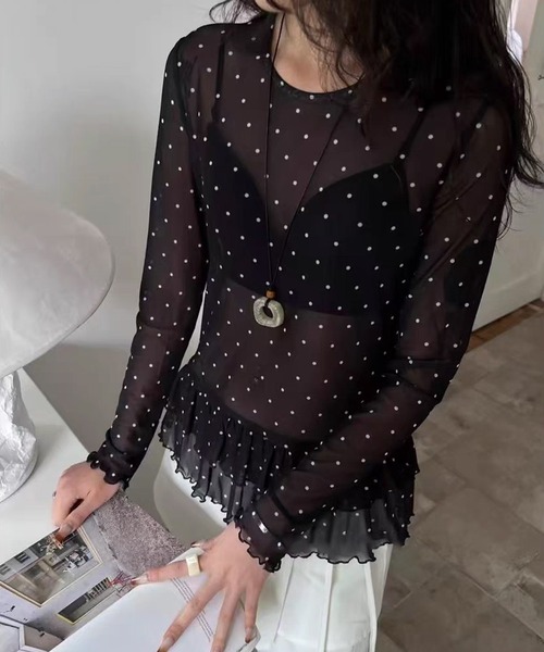 MEMECLE(メメクル)の「【 MEMECLE / メメクル 】シースルースキン ドットフリルトップス(Tシャツ/カットソー・レディース・ホワイト/ライトイエロー/ブラック・FREE)」の7枚目の写真