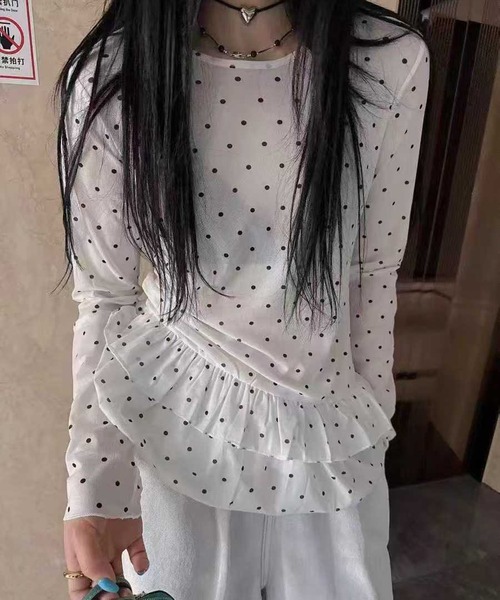 MEMECLE(メメクル)の「【 MEMECLE / メメクル 】シースルースキン ドットフリルトップス(Tシャツ/カットソー・レディース・ホワイト/ライトイエロー/ブラック・FREE)」の5枚目の写真