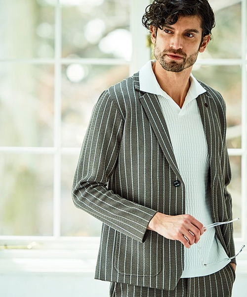 g-stage(ジーステージ)の「サマーニット ストライプジャケット(セットアップ・メンズ・ネイビー/ライトグレー系/ブラウン・46/48/50)」の1枚目の写真