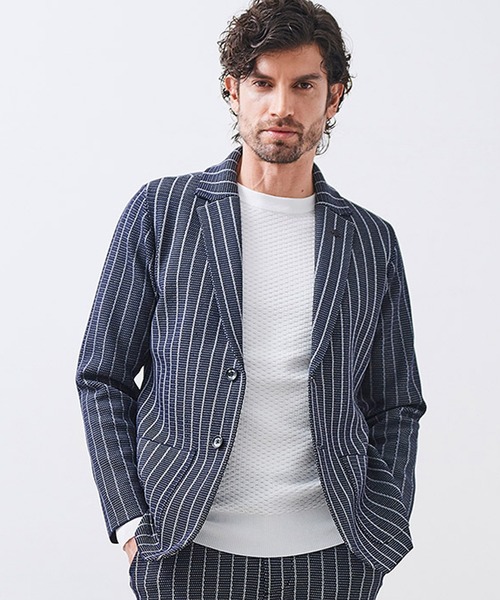 g-stage(ジーステージ)の「サマーニット ストライプジャケット(セットアップ・メンズ・ネイビー/ライトグレー系/ブラウン・46/48/50)」の3枚目の写真