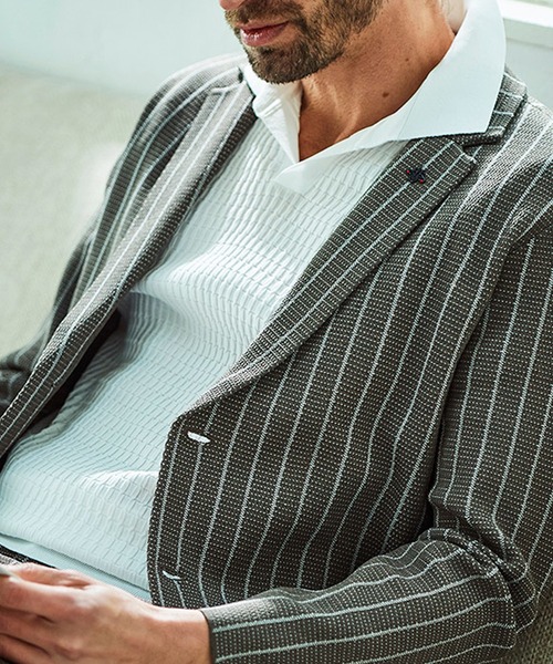 g-stage(ジーステージ)の「サマーニット ストライプジャケット(セットアップ・メンズ・ネイビー/ライトグレー系/ブラウン・46/48/50)」の6枚目の写真