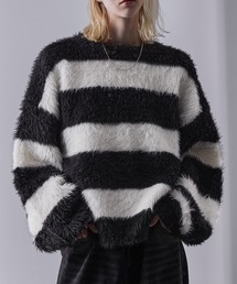 【美品】LOOSE　モチボーダーニット ◆モヘアライク ボーダー ルーズニット◆ オーバーサイズ クルーネック ボーダーニット メンズ モヘア ボーダーセーター レディース ビッグニット  （TURQUOISE×BROWN）