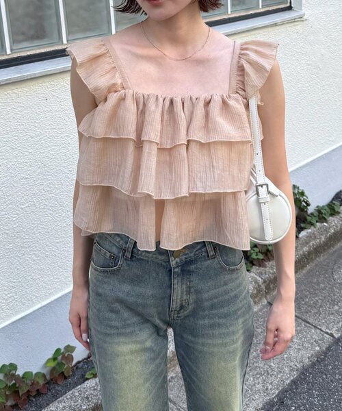 mline（エムライン）の「[mline]フリルノースリブラウス（シャツ/ブラウス・レディース・ピンク/オフホワイト/ブルー・FREE）」の3枚目の写真