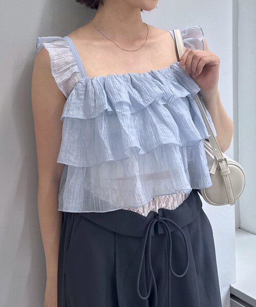 mline（エムライン）の「[mline]フリルノースリブラウス（シャツ/ブラウス・レディース・ピンク/オフホワイト/ブルー・FREE）」の10枚目の写真