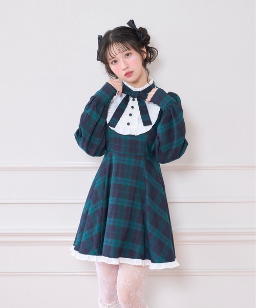 Honey Cinnamon(ハニーシナモン)の「配色ヨークチェックワンピース(ワンピース・レディース・ブラック/ダークグリーン・FREE)」の2枚目の写真