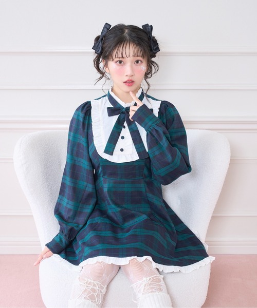 Honey Cinnamon(ハニーシナモン)の「配色ヨークチェックワンピース(ワンピース・レディース・ブラック/ダークグリーン・FREE)」の14枚目の写真