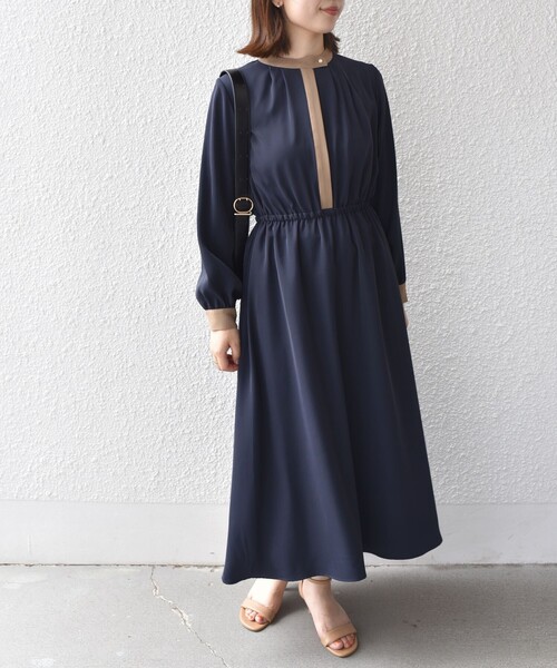 PGG ネイビー ワンピース SHIPS Colors:〈手洗い可能〉配色 ギャザー ロングスリーブ