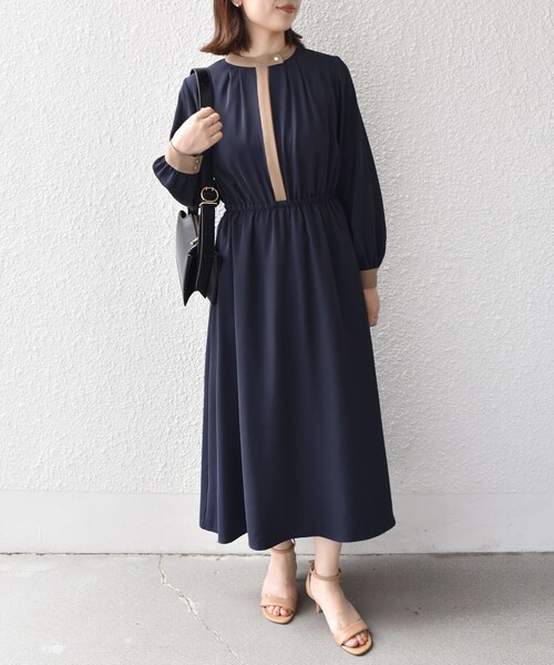 SHIPS Colors:〈手洗い可能〉配色 ギャザー ロングスリーブ ワンピース