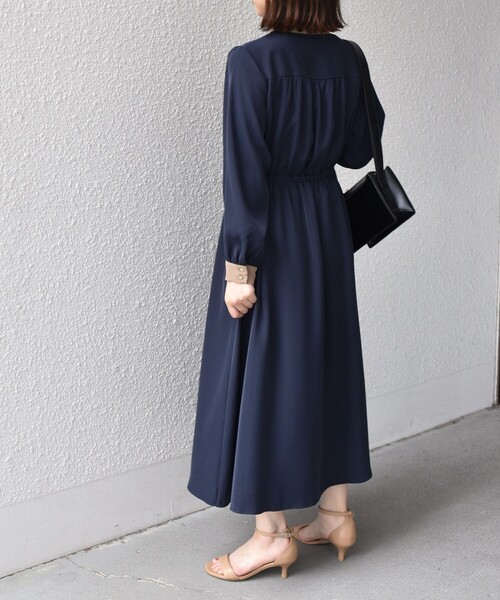 SHIPS Colors:〈手洗い可能〉配色 ギャザー ロングスリーブ ワンピース