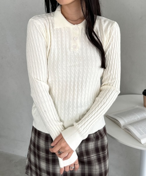 CLEA（クレア）の「ケーブルポロニットトップス（ニット/セーター・レディース・アイボリー/ブラウン/ホワイト/グレー/ブラック・FREE）」の12枚目の写真